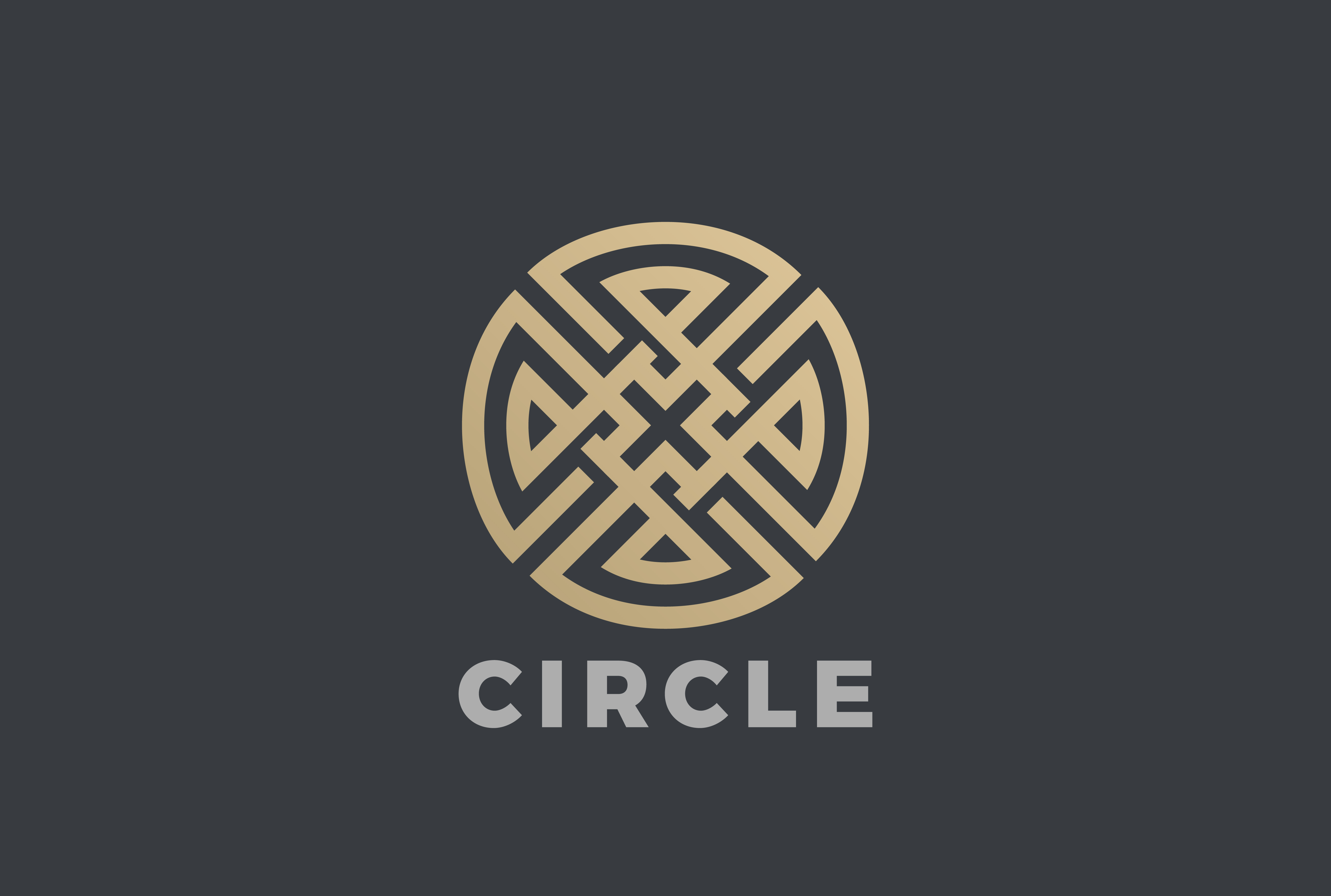 A minimalist gold circular logo with an intricate geometric knot pattern on a dark background, accompanied by the word “CIRCLE” in clean grey typography