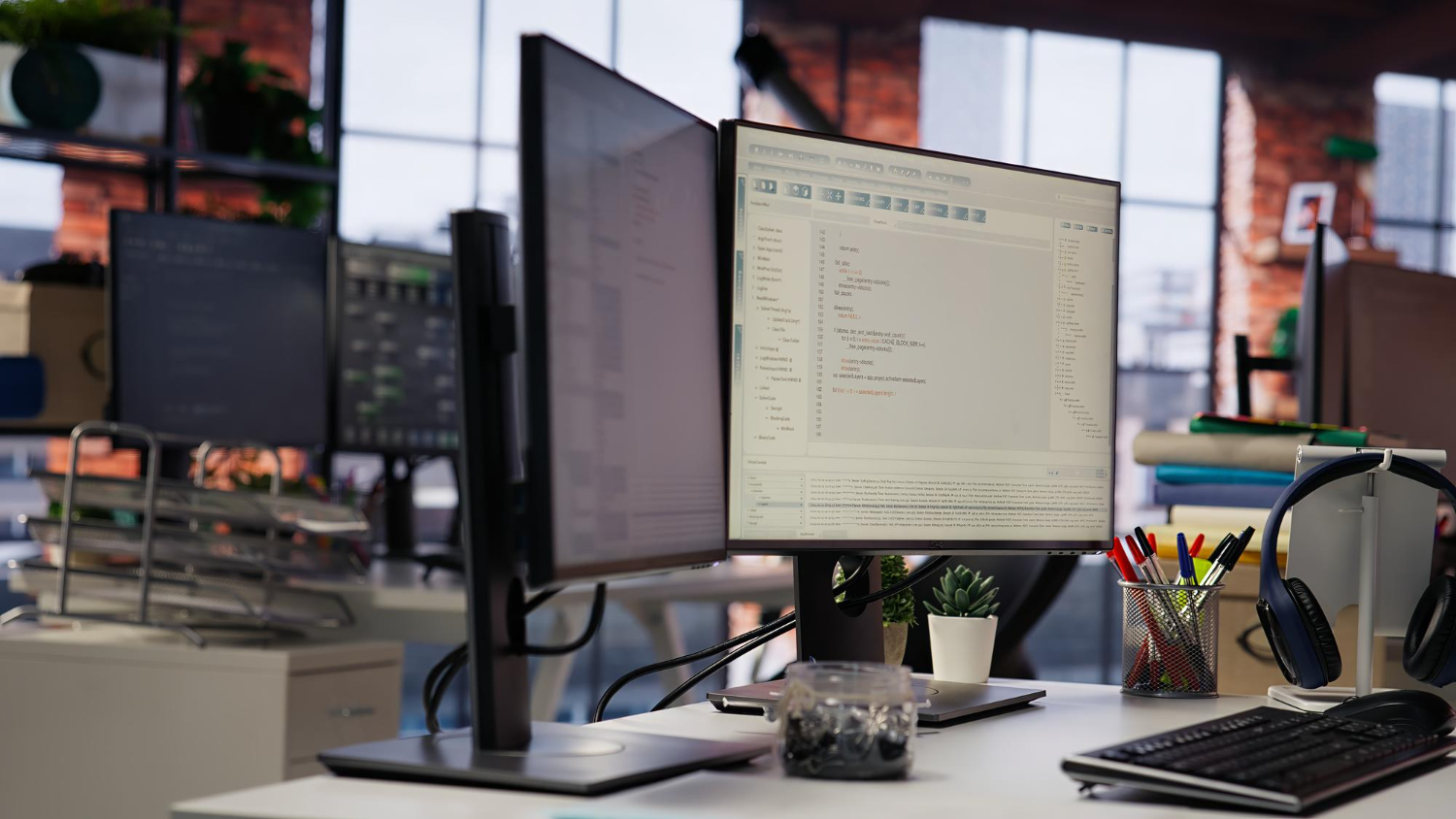 A modern marketing and design studio workspace with dual computer monitors displaying code and analytics, symbolizing AI-powered marketing systems in action.
