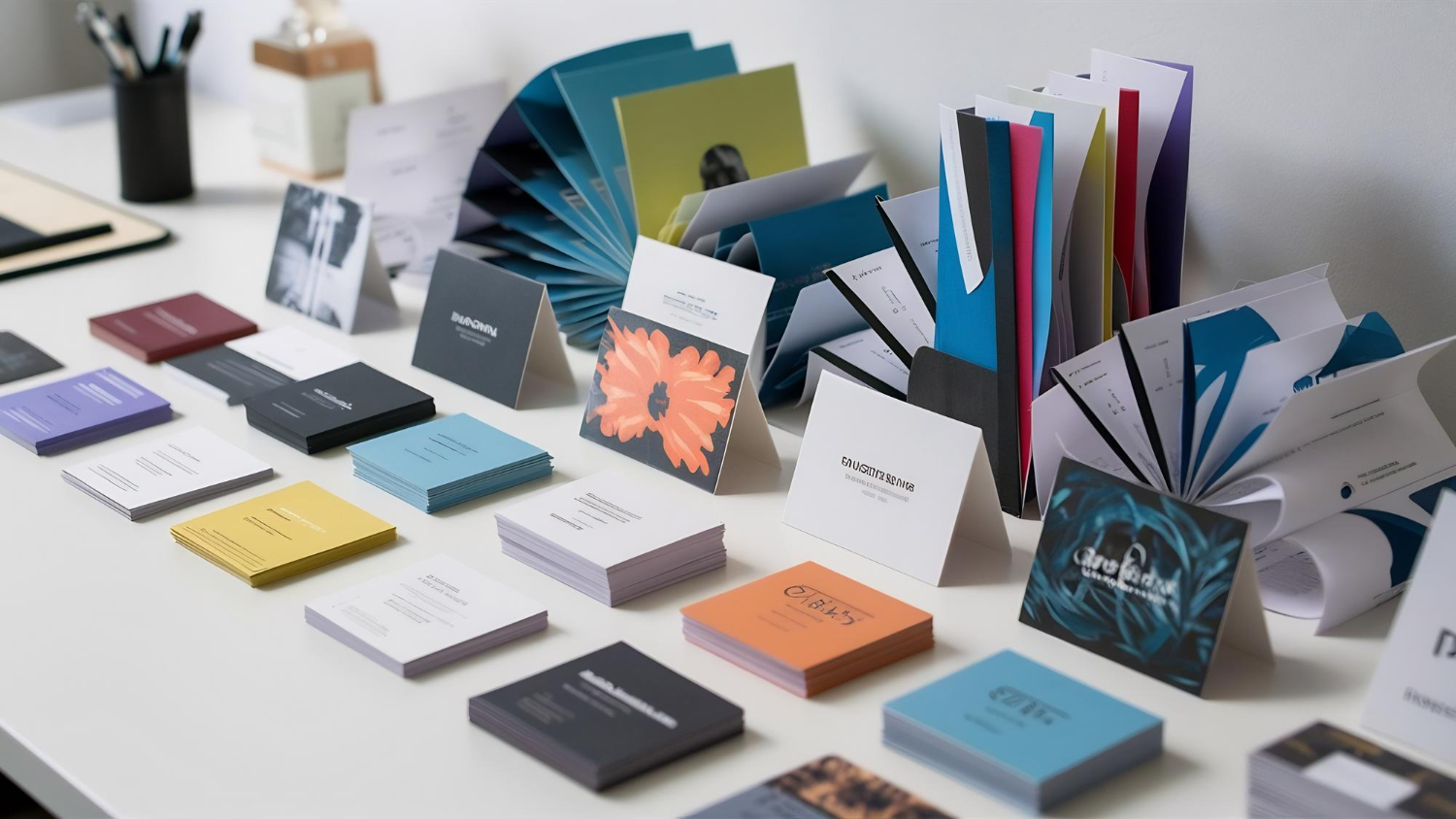 A neatly arranged display of colorful branding materials, including business cards, brochures, and folded booklets, showcasing different design styles and color palettes on a white desk