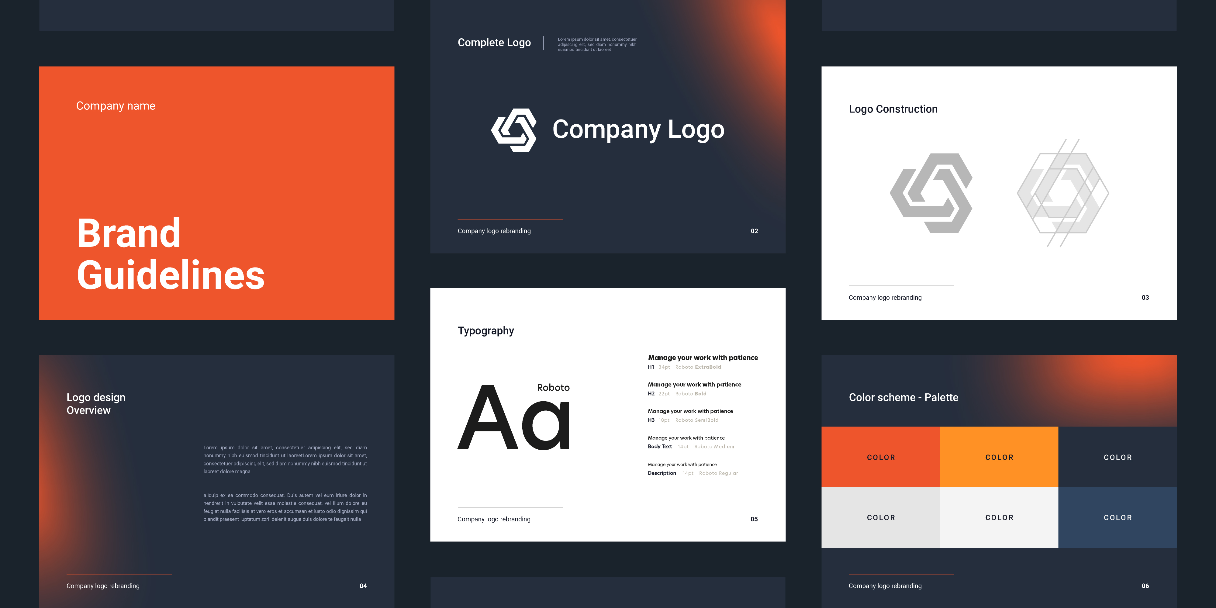 A digital presentation of brand guidelines showcasing logo design, color palette, and typography.