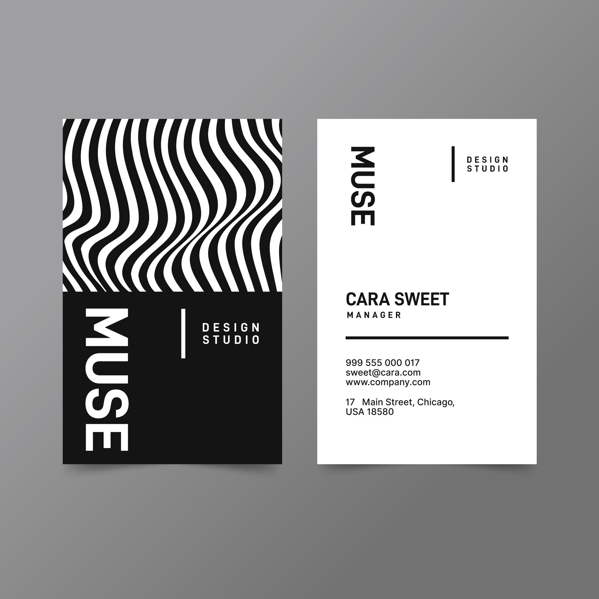 Modern black and white business card design for “MUSE Design Studio,” featuring bold typography, wavy abstract lines, and clean minimalist layout