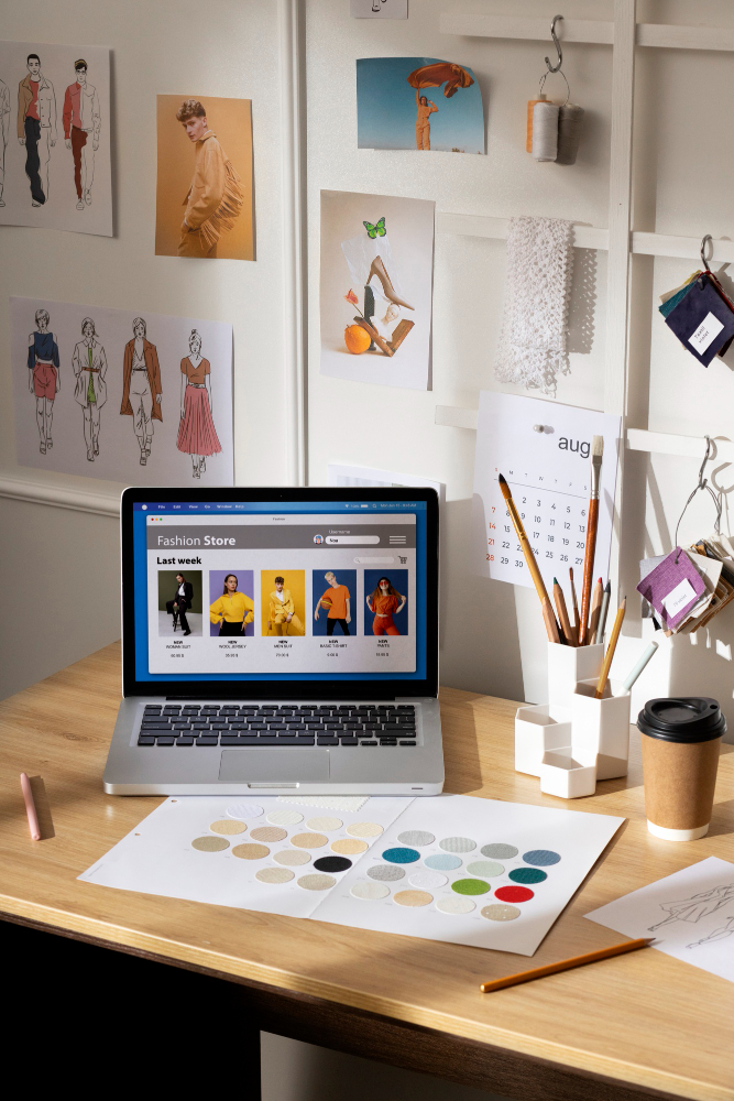 A designer’s workspace with a laptop displaying a fashion store website, surrounded by color swatches, sketches, and coffee