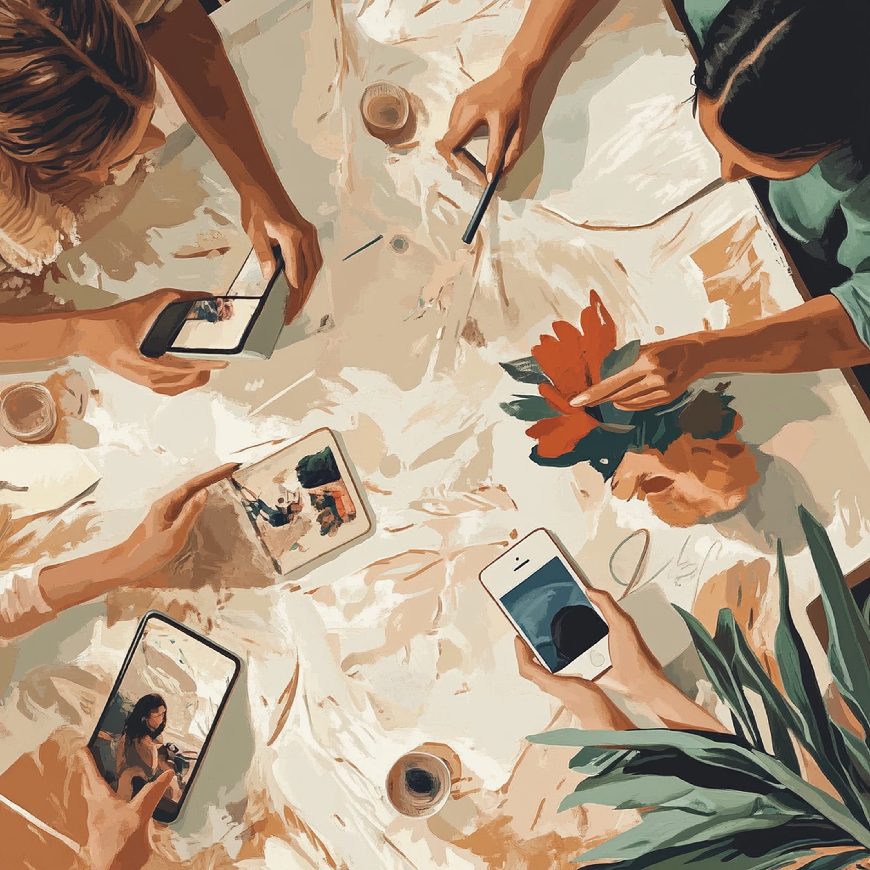 Top-down view of several people sitting around a table, each holding a smartphone while coffee cups and plants sit nearby.