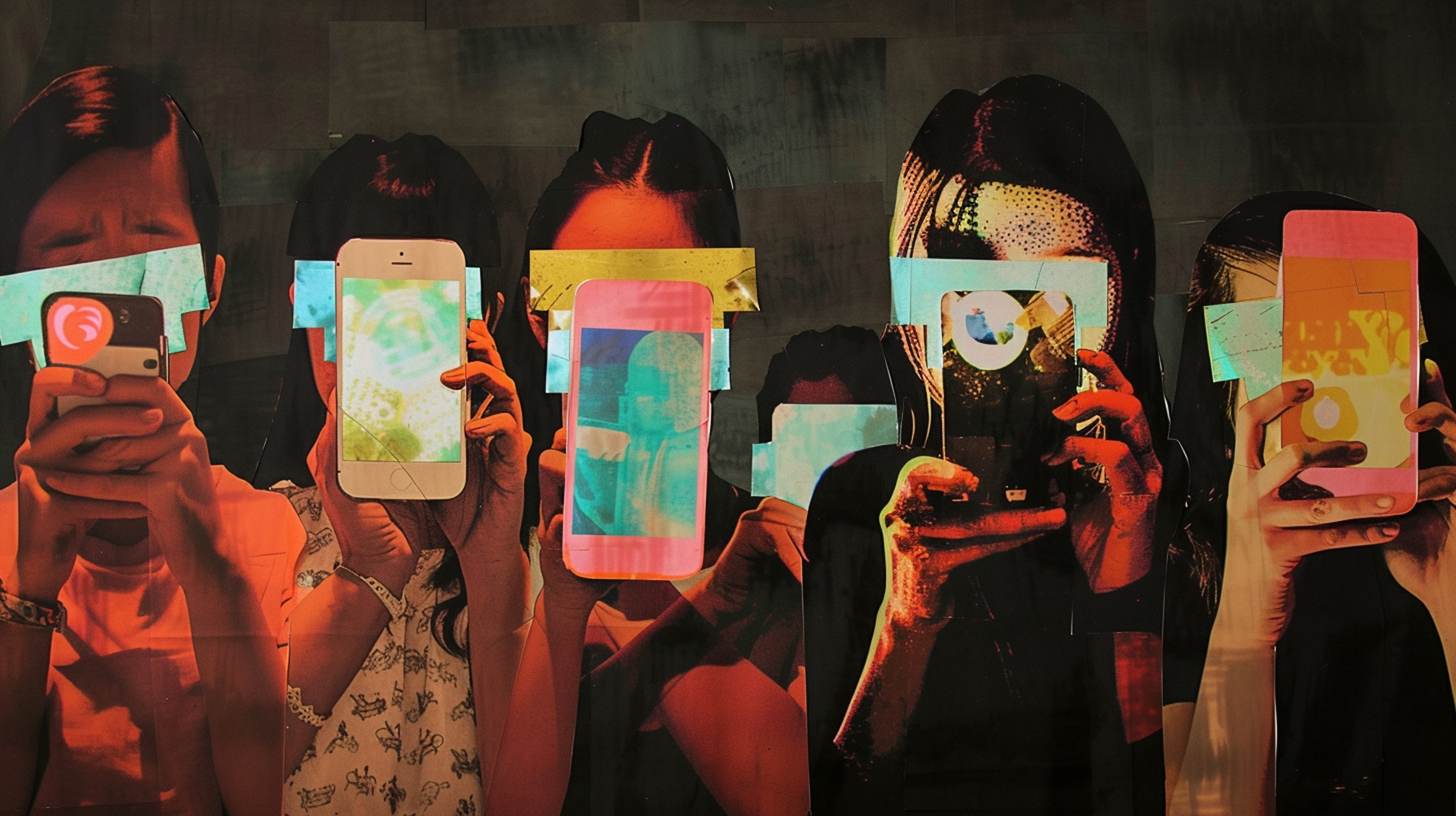 A group of people holding smartphones in front of their faces, the screens brightly lit and obscuring their identities in a dark, crowded setting.