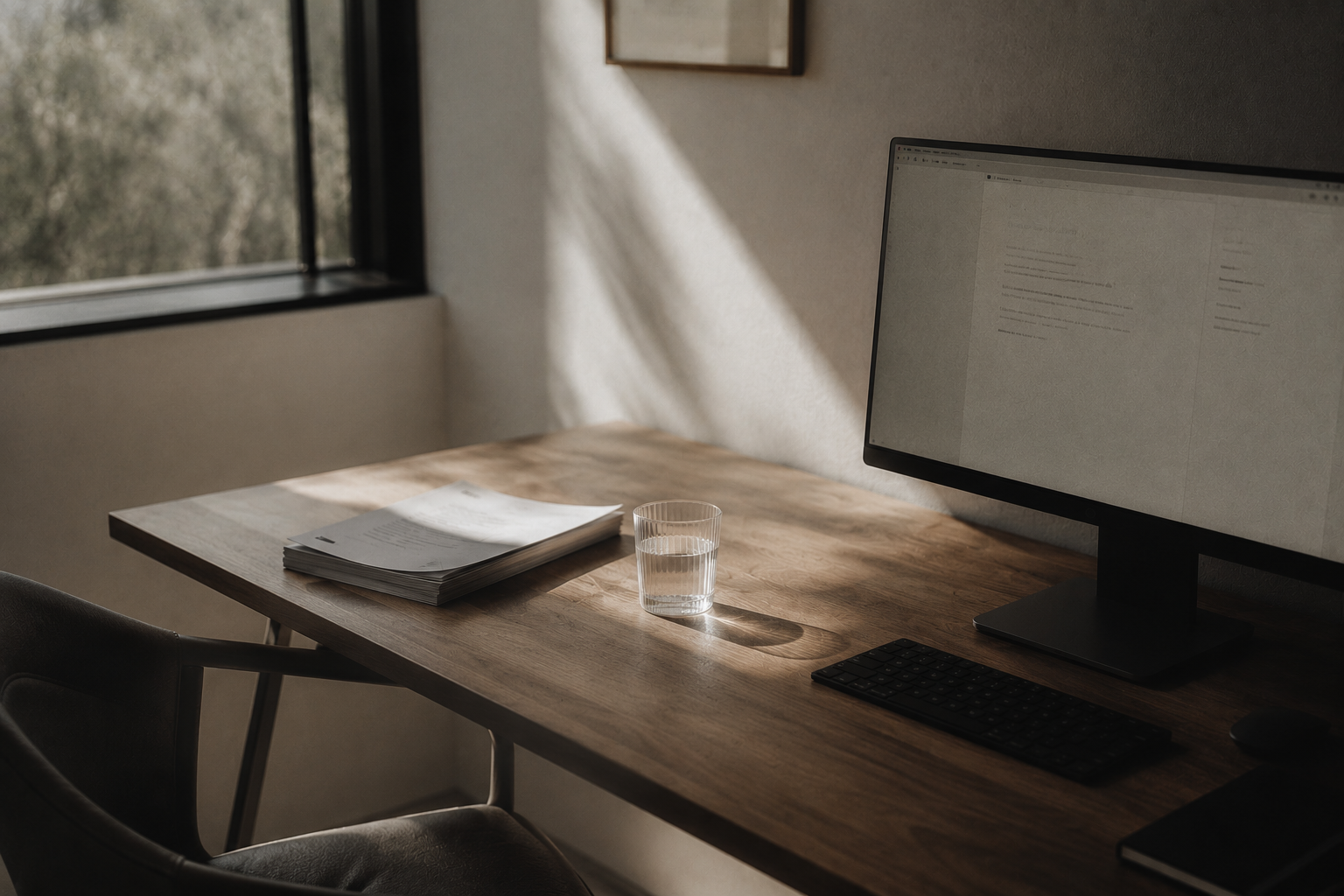 An empty, organised desk with a clean monitor, a structured stack of documents, and natural window light suggesting considered process and real work