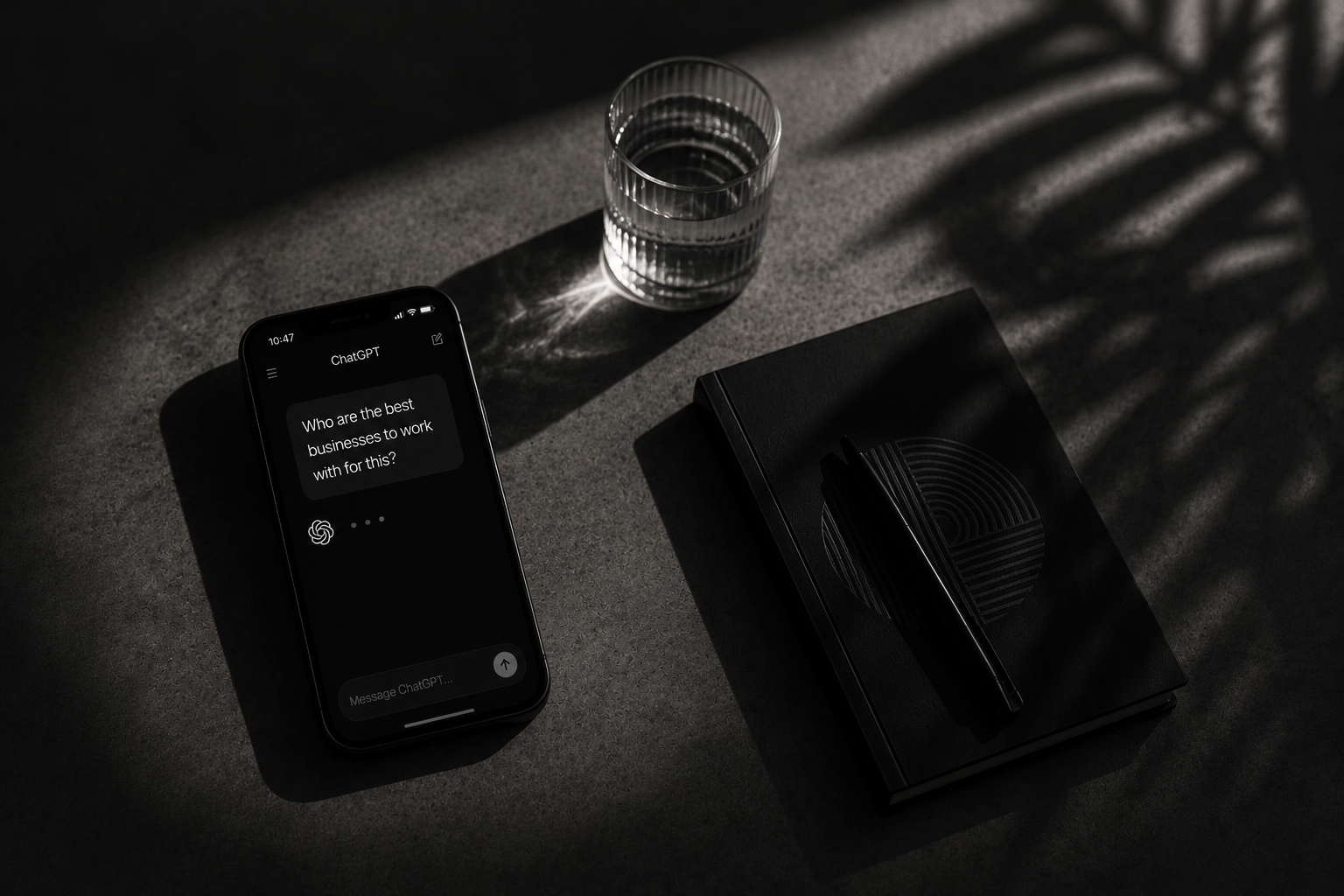 Smartphone displaying a conversational AI search query on a desk, symbolizing how businesses are discovered and recommended through AI search.